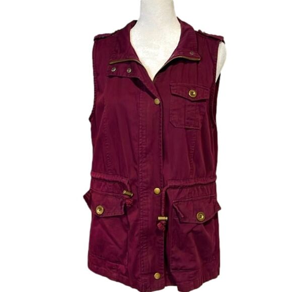 2Sable NWOT 100% cotton maroon burgundy utility vest snaps buttons zippers - S - Picture 1 of 11